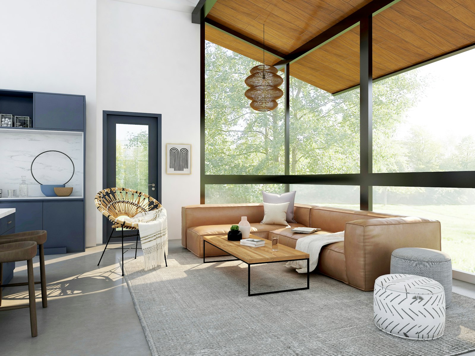 Open-plan living with a timber ceiling and full-height glazing